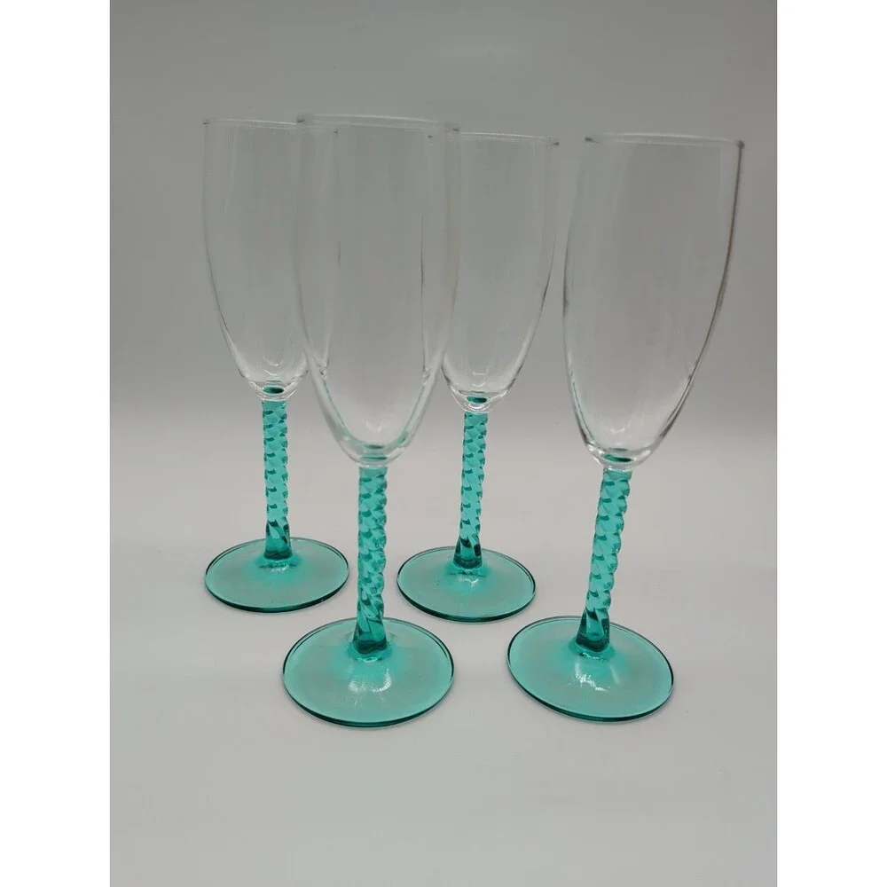 Set of 4 Vintage Cristal D'Arques Angelique Aqua Twisted Stem Champagne Flutes